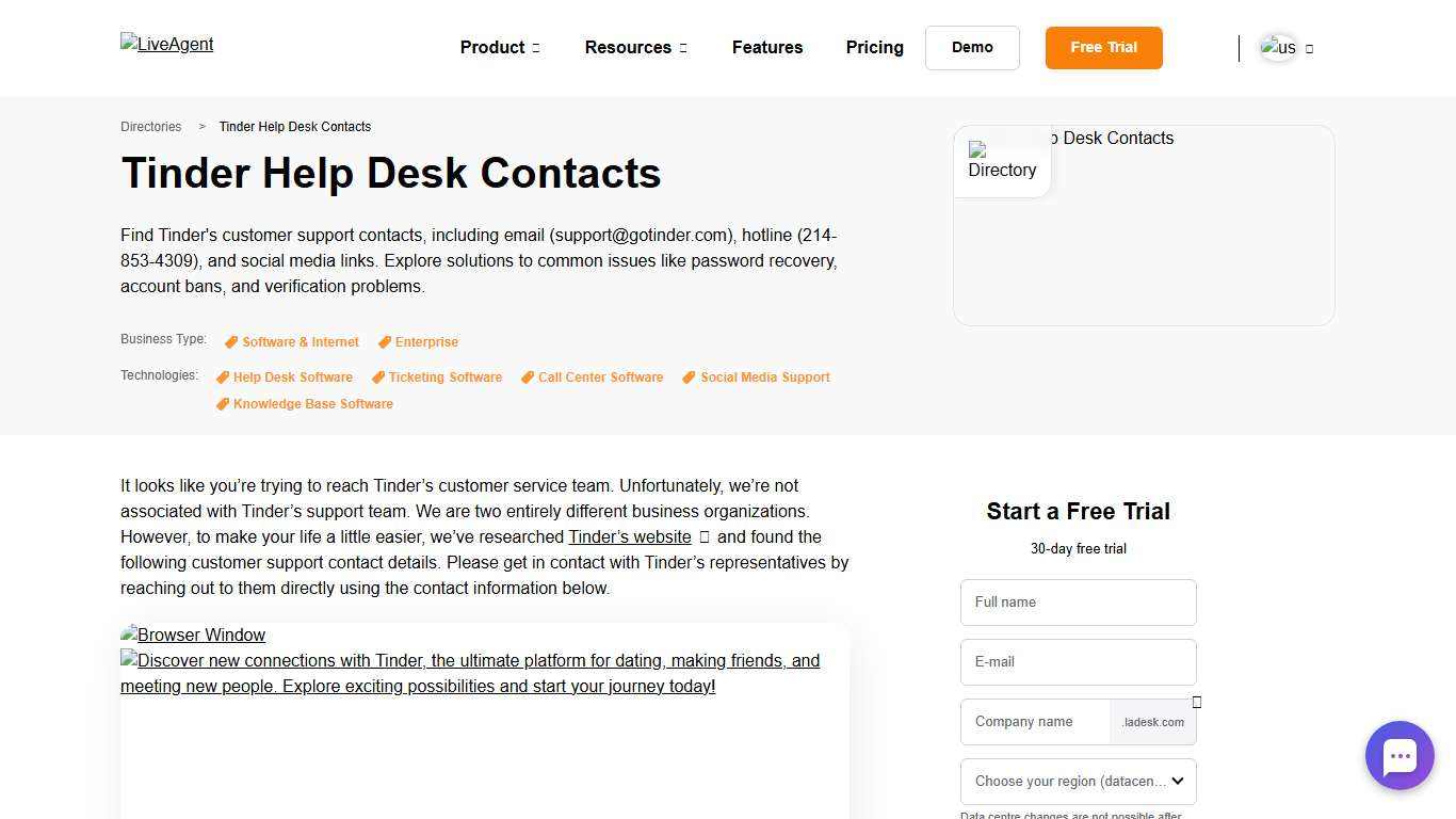 Tinder Help Desk Contacts - LiveAgent